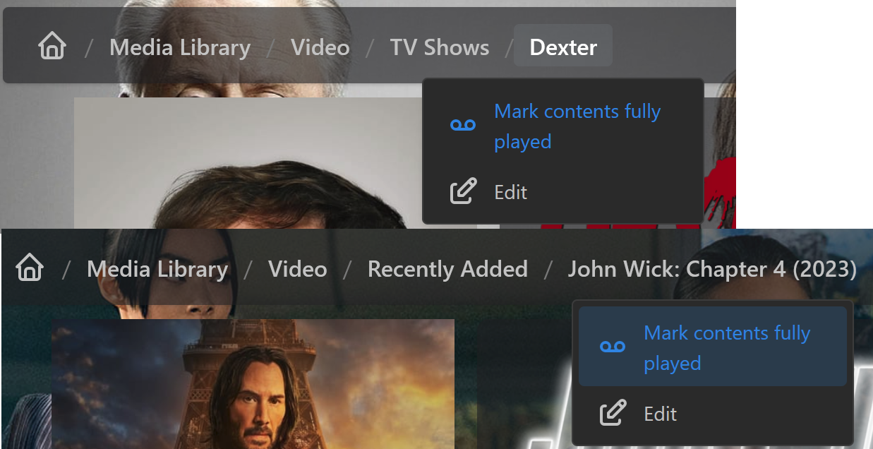 TV dizilerinin ve görüntülerin tamamen oynatılmış olarak nasıl işaretleneceği örneği